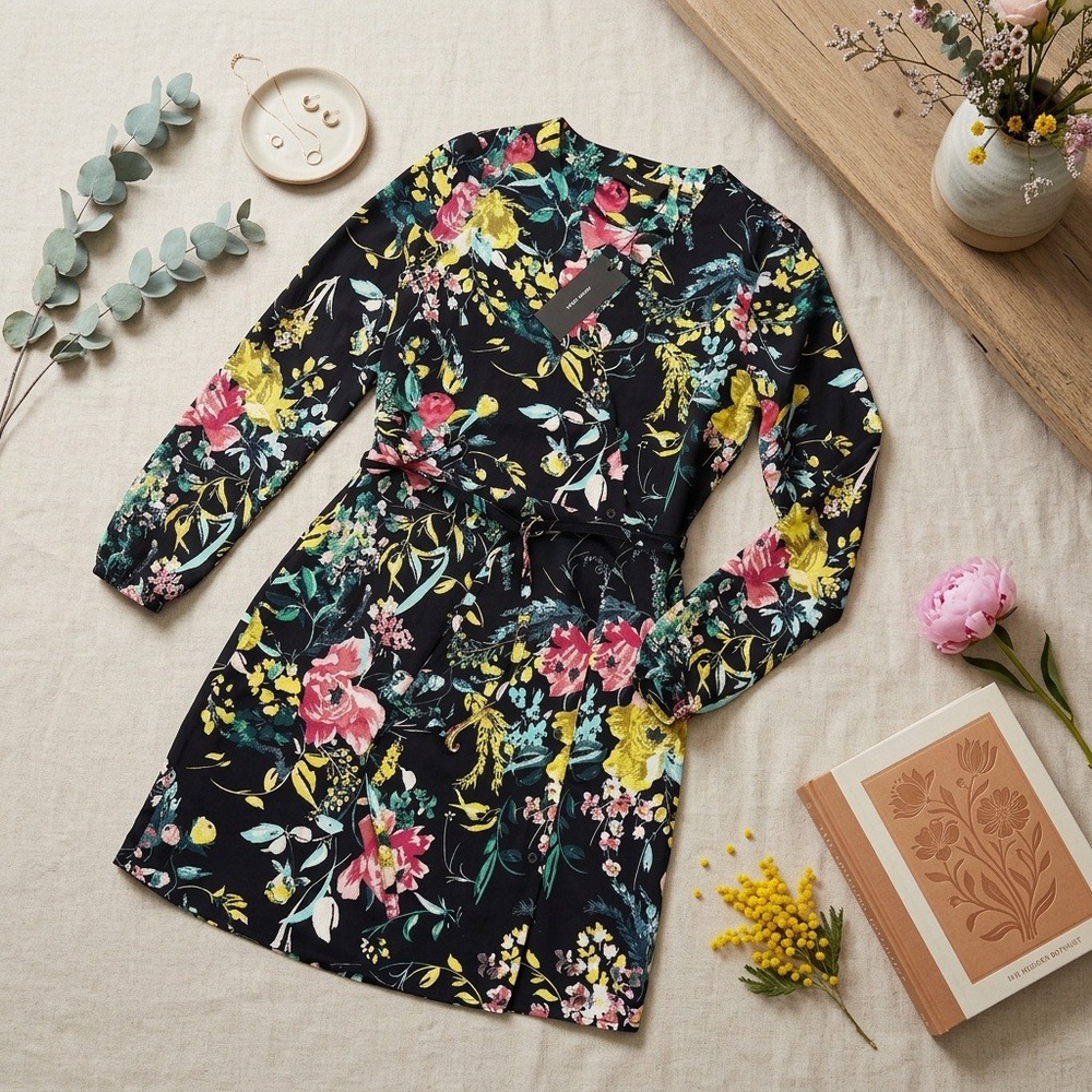 Vero Moda Womens Dress XS Floral Wrap Short Long Sleeve NWT Black 10214129